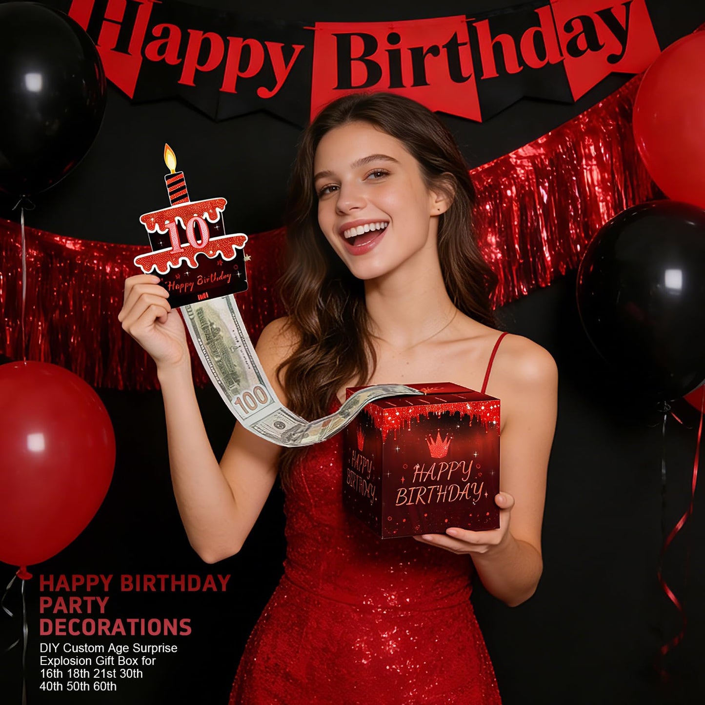 AOYOO Black Red Birthday Money Box for Cash Gift, Surprise Explosion Pop Up Gift Box with 0-9 Number Stickers for DIY Custom Age 18th 21st 30th 50th, Funny Cash Pull Party Supplies for Men Women