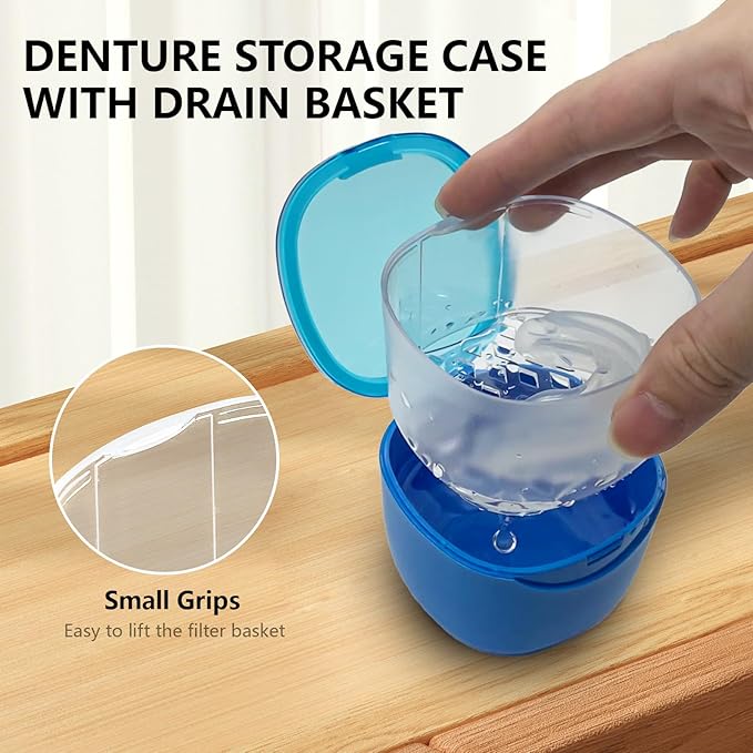 Denture Cleaning Case Dental Retainer Container Soaking Cup with Brush, Denture Storage Bath Box Case Cup Mouthguard Storage Holder Travel - Leak Proof with Lid Waterproof - Blue