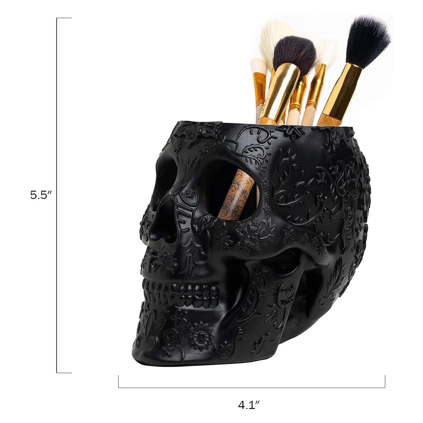Skull Makeup Brush Holder, Pen Holder, Vanity, Desk, Office Organizer, Stationary, Decor Planter , Candy Bowl , Goth Decorations , Extra Large, Skulls Gothic Skull & Bones Organizer Bathroom (Black)