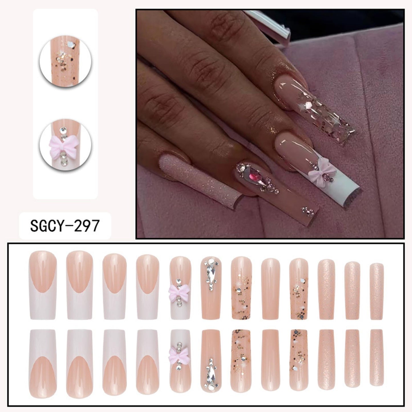 Press on Nails Extra Long - Aegenacess Square Press On Nails with 3D Bow and Rhinestones, Nude White Fake Nails with Glue Sticker, Handmade 24 pcs Stick On Nails False Nail in 12 Sizes