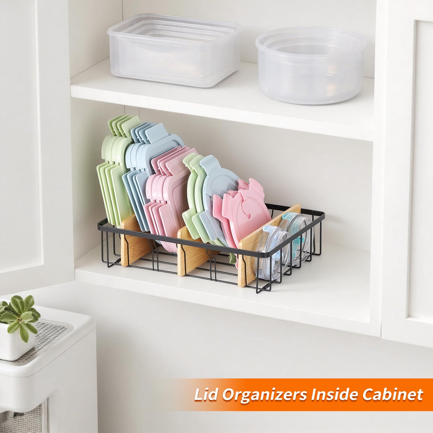 CACHOLIV 2-Pack Adjustable Lid Organizers - Large Kitchen Cabinet Organizer for Food Storage Container and Tumbler Cup Lids with 6 Bamboo Dividers -Organizers in Kitchen/Pantry/Laundry Room(Size:M+L)