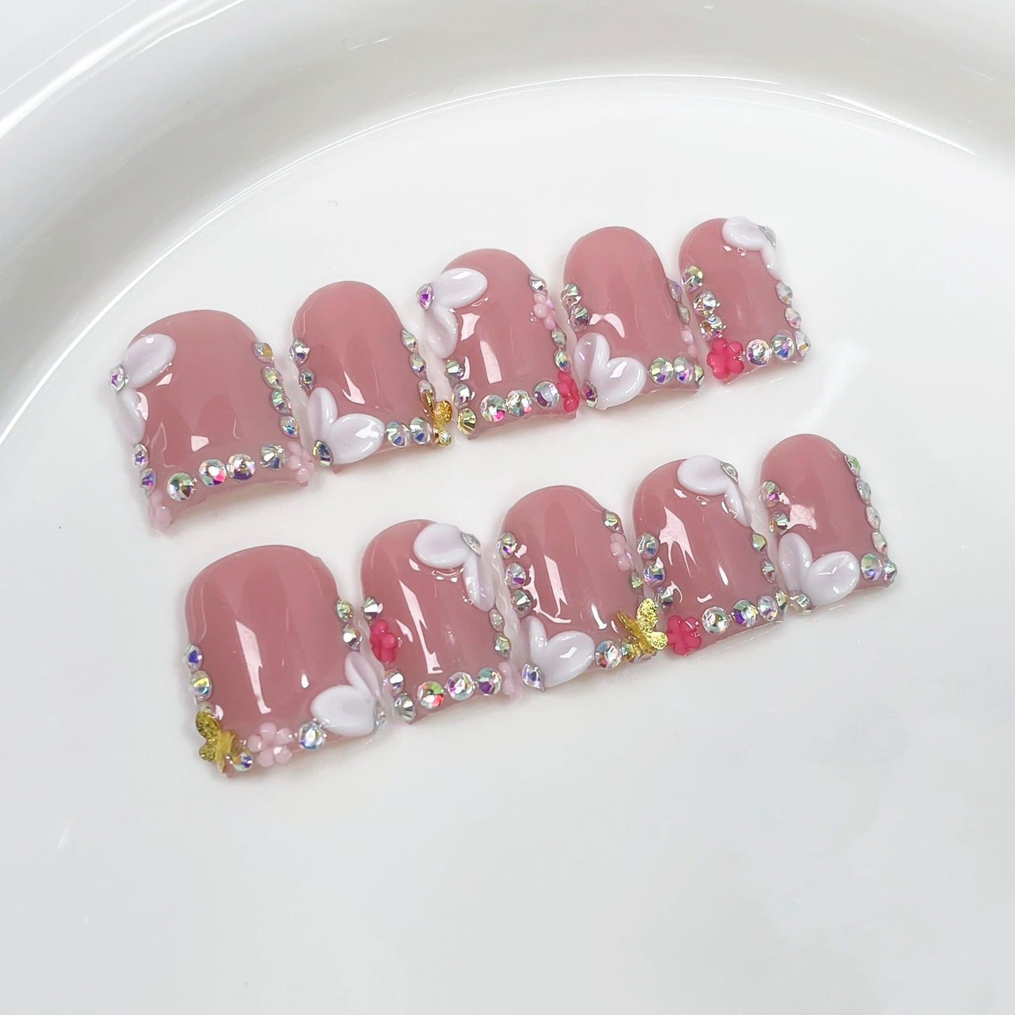 10Pcs Luxury Handmade Press on Nails Short Square 3D Floral Fake Nails French Tip Thick Acrylic False Nails with 3D Cherry Design Nude Pink Full Cover Nails Press ons for Women (Size M)