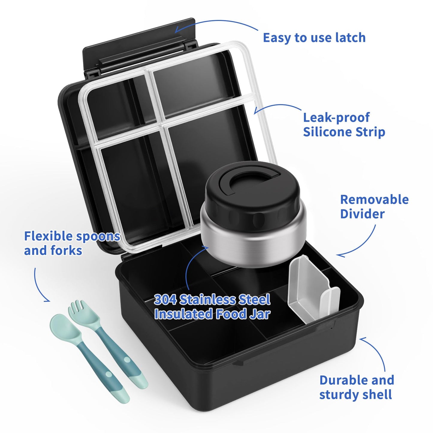 FAJSL Bento Box for Kids with Thermo Food Container (9oz), 4-Compartment Lunch Box, Adjustable Divider, Leakproof Bento Lunch Box, Includes Utensils & Carry Bag for School, Office(Black)