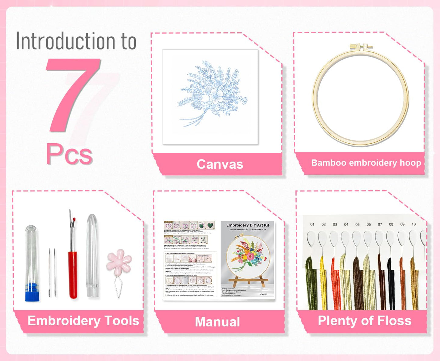 Huacan Embroidery Kit for Beginners Flower Pattern Printed Fabric with Hoop & Full Tools
