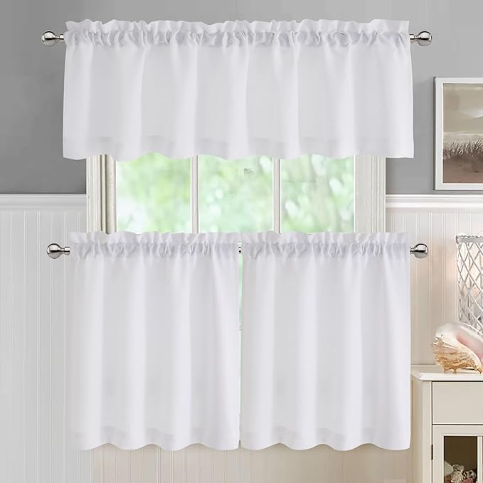 Chyhomenyc 2 Panels White Curtains 24 Inch Length Tier Curtain, Faux Linen Textured Small Cafe Curtains, Light Filtering Short Camper Curtain for RV Window Bathroom, 30x24 Inch, 2PCS