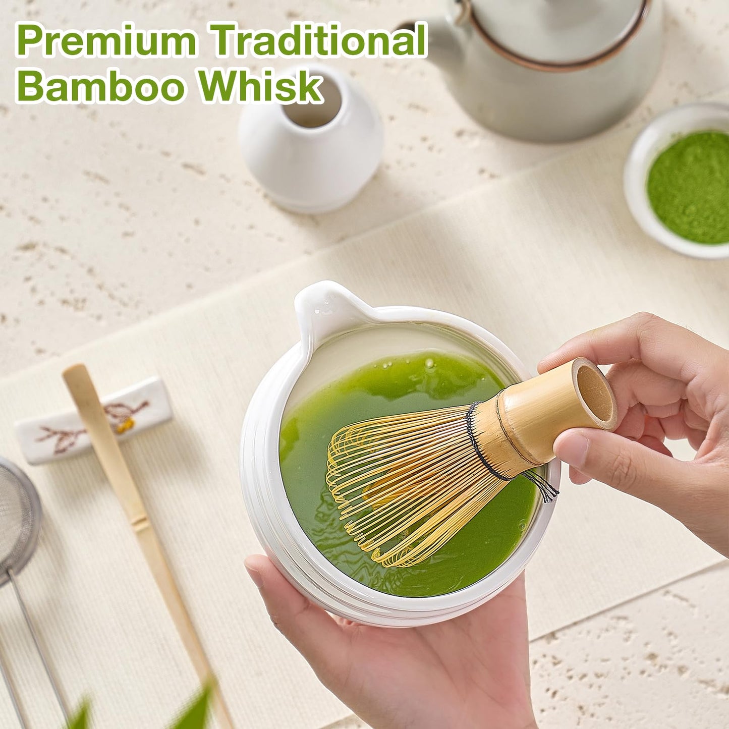 Matcha Whisk Set, Japanese Tea Set (5pcs) includes Matcha Bowl with Spout (19 oz), Bamboo Whisk and Matcha Scoop, Whisk Holder, Stainless Steel Sifter, Tea Making Tools, Matcha Kit
