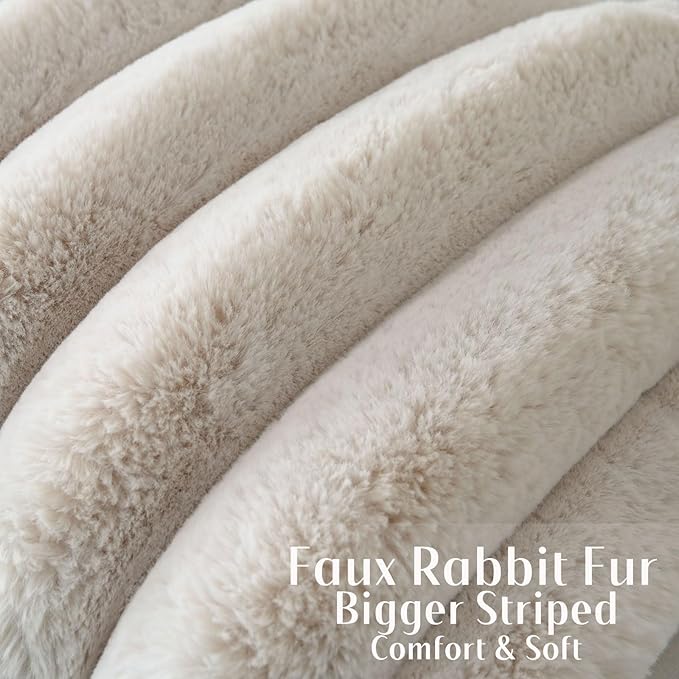 FUTEI Beige Decorative Throw Pillow Covers 18x18 Inch Set of 2, Square Soft Faux Rabbit Fur Thick Striped Cushion Cover,Winter Home Decor for Couch Bed Living Room