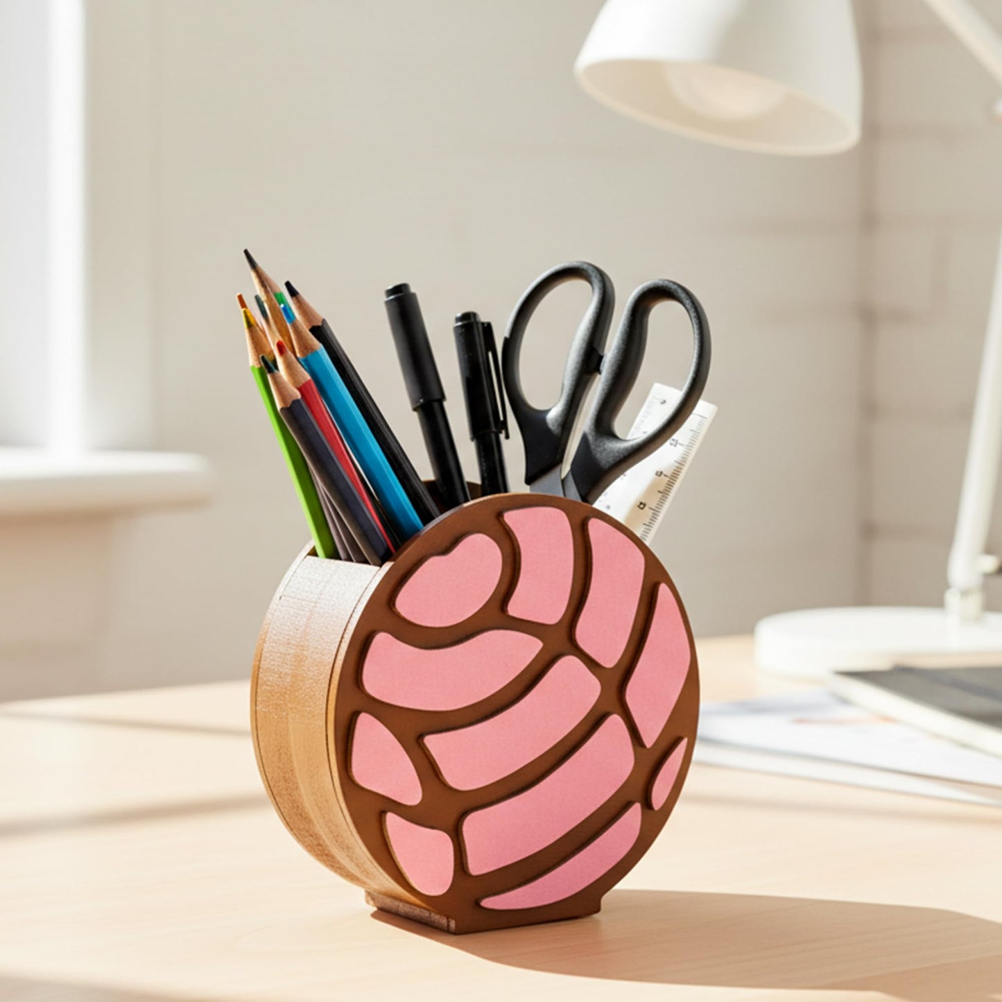 MALLMALL6 Mexico Concha Pencil Holder - 3D Mexican Bread Pink Wooden Pen Holder, Back to School Funny Caddy Case Gift for Kids, Desktop Storage Organizer for Classroom Teacher Office Makeup Brush