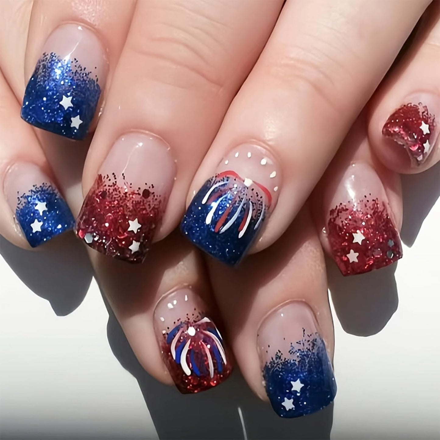 Independence Day Red Blue Glitter Firework Press on Nails Short Square 4th of July Fake Nails with Designs Bling Acrylic Nails Reusable Full Cover False Nails French Tips Glue on Nails for Women 24Pcs