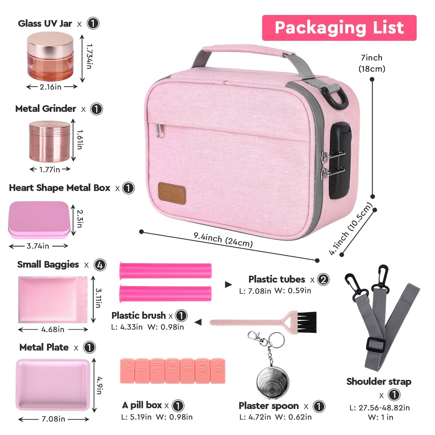 PODAHO Travel Cosmetic Carrier Bag with 10 Accessories, Multi-Use Storage Box Case with Combination Lock, Portable Food Containers Pouch, Great Gift for Women, (Pink Set)