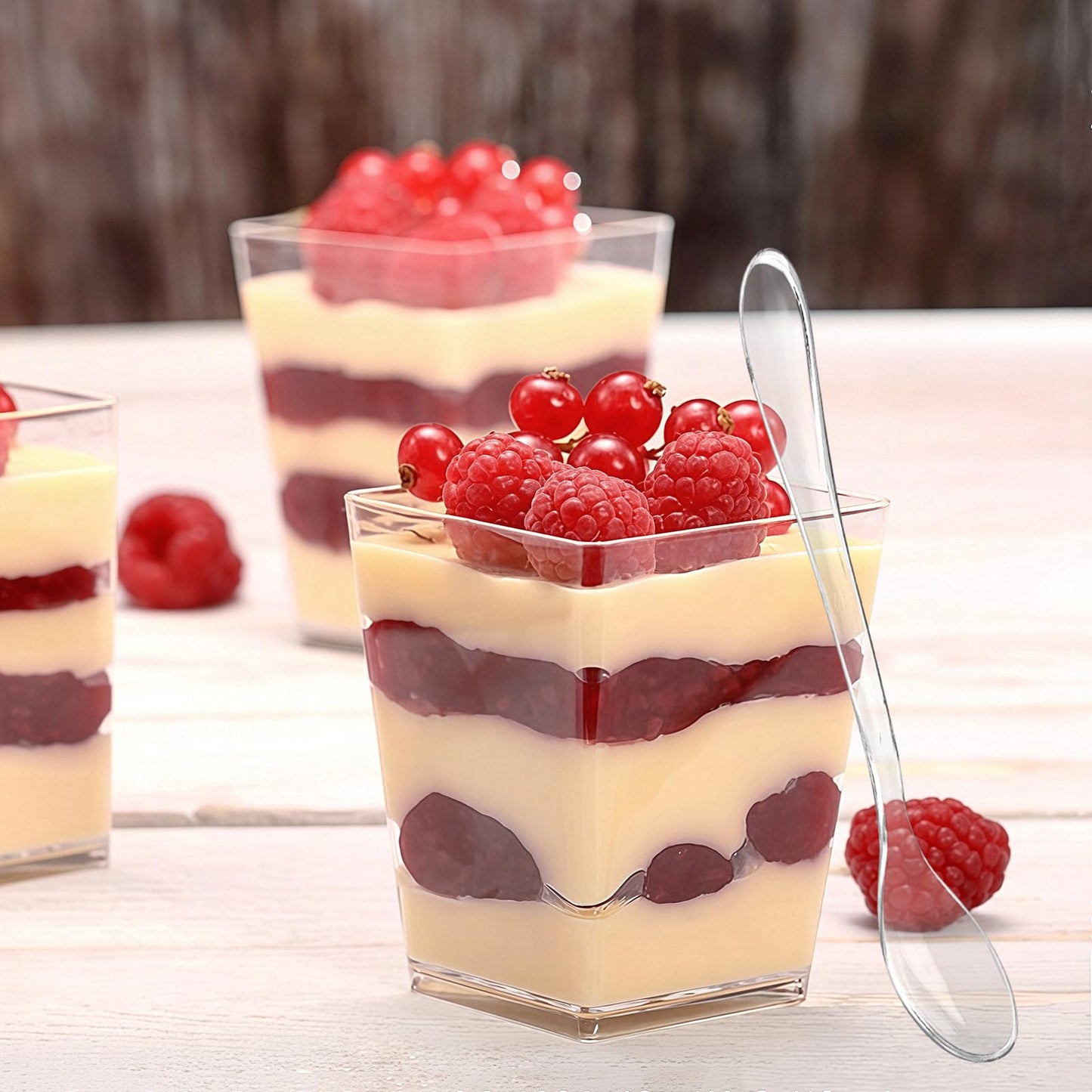 Zezzxu 5 oz Square Mini Dessert Cups with Spoons - 50 Pack Plastic Pudding & Parfait Cups Party Dessert Shooters for Serving Trifle Mousse Cake Appetizers