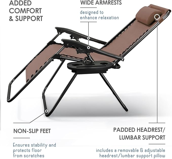 Nestl Zero Gravity Chairs, Portable Patio Lounge Chair Outdoor with Pillows & Cup Holder Trays, Adjustable Steel Mesh Reclining Camping Chair, Folding Patio Lawn Chair for Deck, Beach, Yard - Brown
