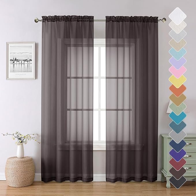 Lecloud Chocolate Sheer Curtains 84 Inches Long 2 Panels Set, Rod Pocket Transparent Window Drapes for Living Room, Lightweight Breathable Voile Bedroom Curtains Home Decor, Each Panel 42 X 84 Inch