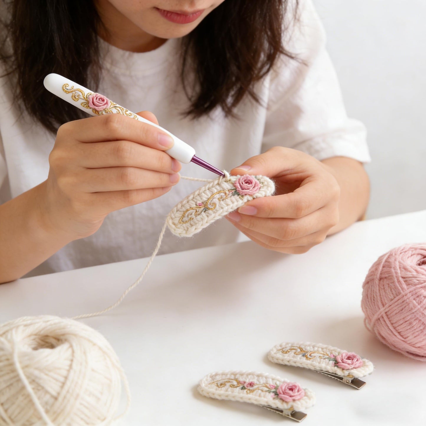 Crochet Hooks Needles,16 Pcs Cute Needles for Arthritic Hands,Extra Long Chinese Style Crochet Hook Set Flower Pattern Ergonomic Soft Grips Knitting Hook for Crochet Yarn Craft (Pink)