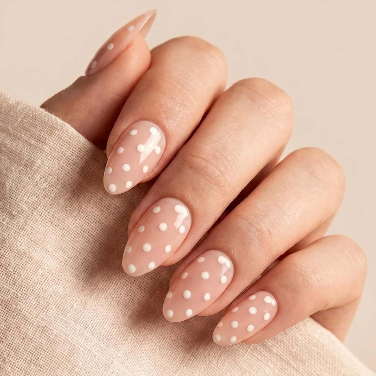 Polka Dot Press On Nails, Short Almond Nude Pink Fake Nails with White Dots, Soft Gel Full Cover Reusable Glue On Nails, Cute Everyday Nails for Women 30 Pcs