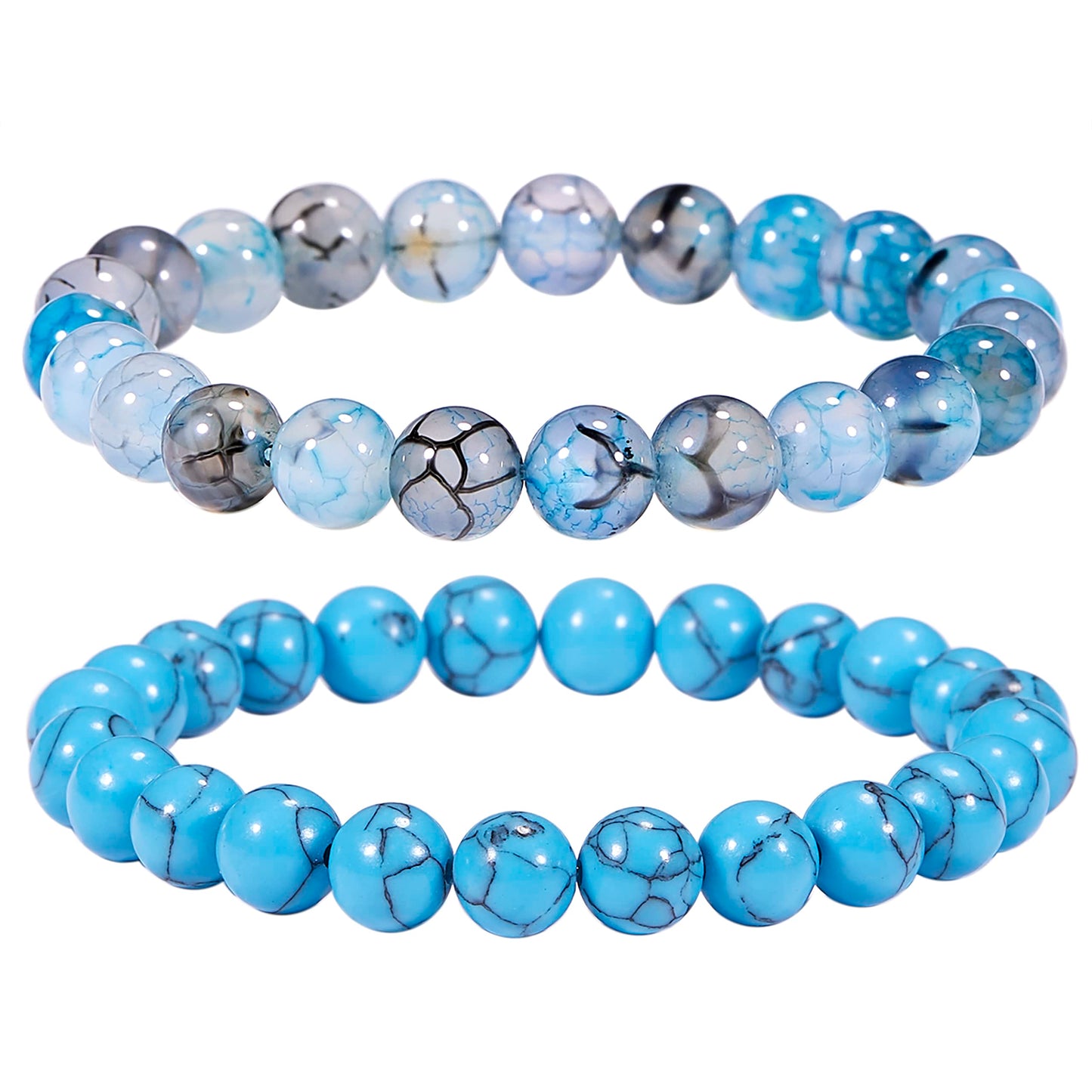 Bivei Natural Gemstone Semi Precious Crystals Handmade Stretchy Round Beads Bracelet, Stocking Stuffers for Women(Blue Dragon Vein Agate & Turquoise (Strength & Protection) Medium)