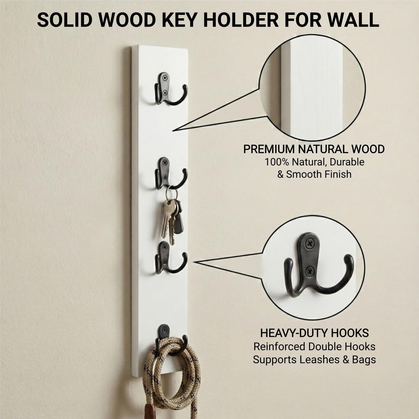 Vertical Key Holder for Wall & Dog Leash Holder – Solid Wood Wall Mount Key Rack with 8 Hooks – Small Space Saving Entryway Organizer for Keys, Lanyards, Masks (Adhesive or Screws) (White)