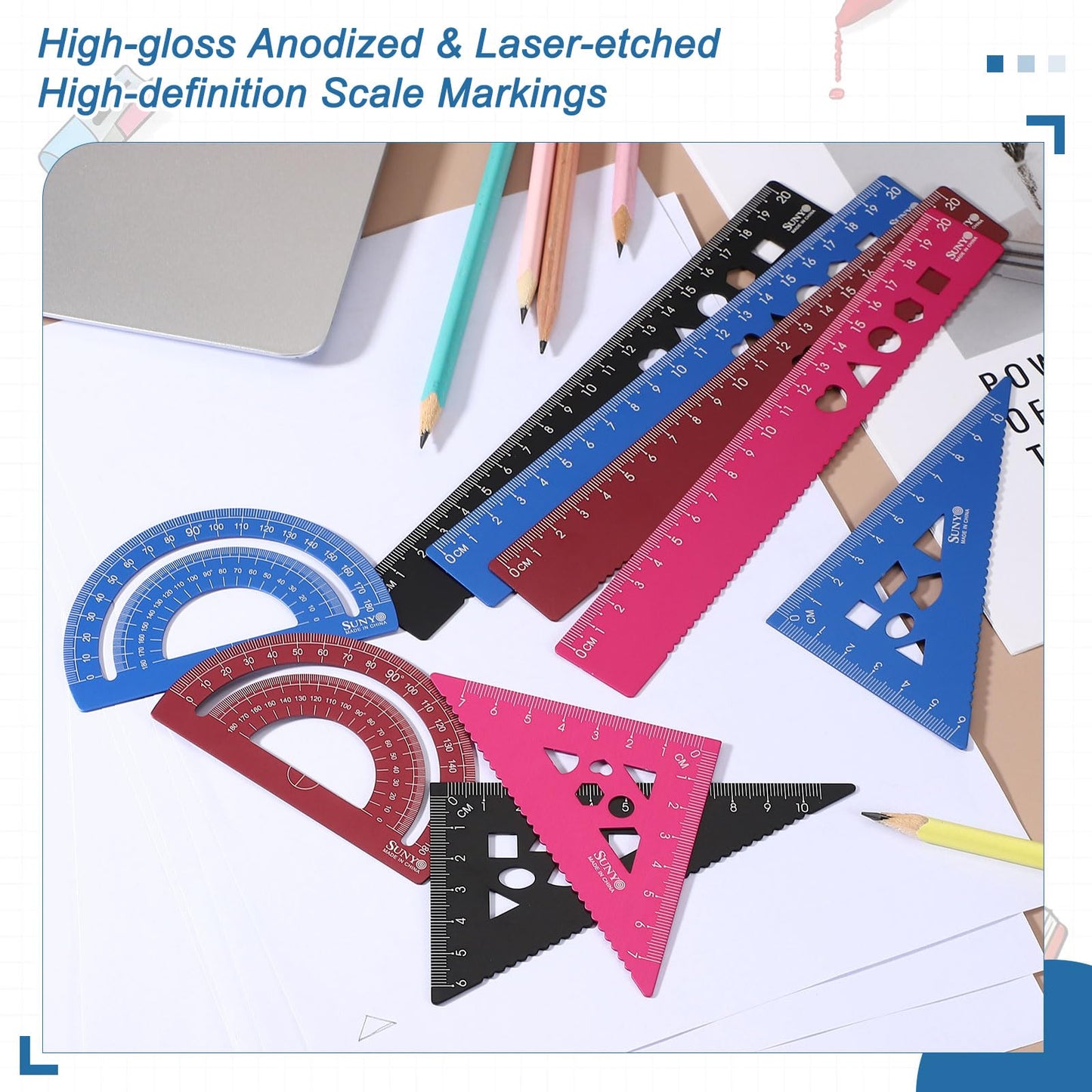 HARFINGTON 8pcs Triangular Ruler Set 20cm Aluminum Alloy Straight Geometric Protractor Triangle Engineering Scale Drafting Ruler Kit Measuring Drawing Tool for Classroom Office Home, Pink