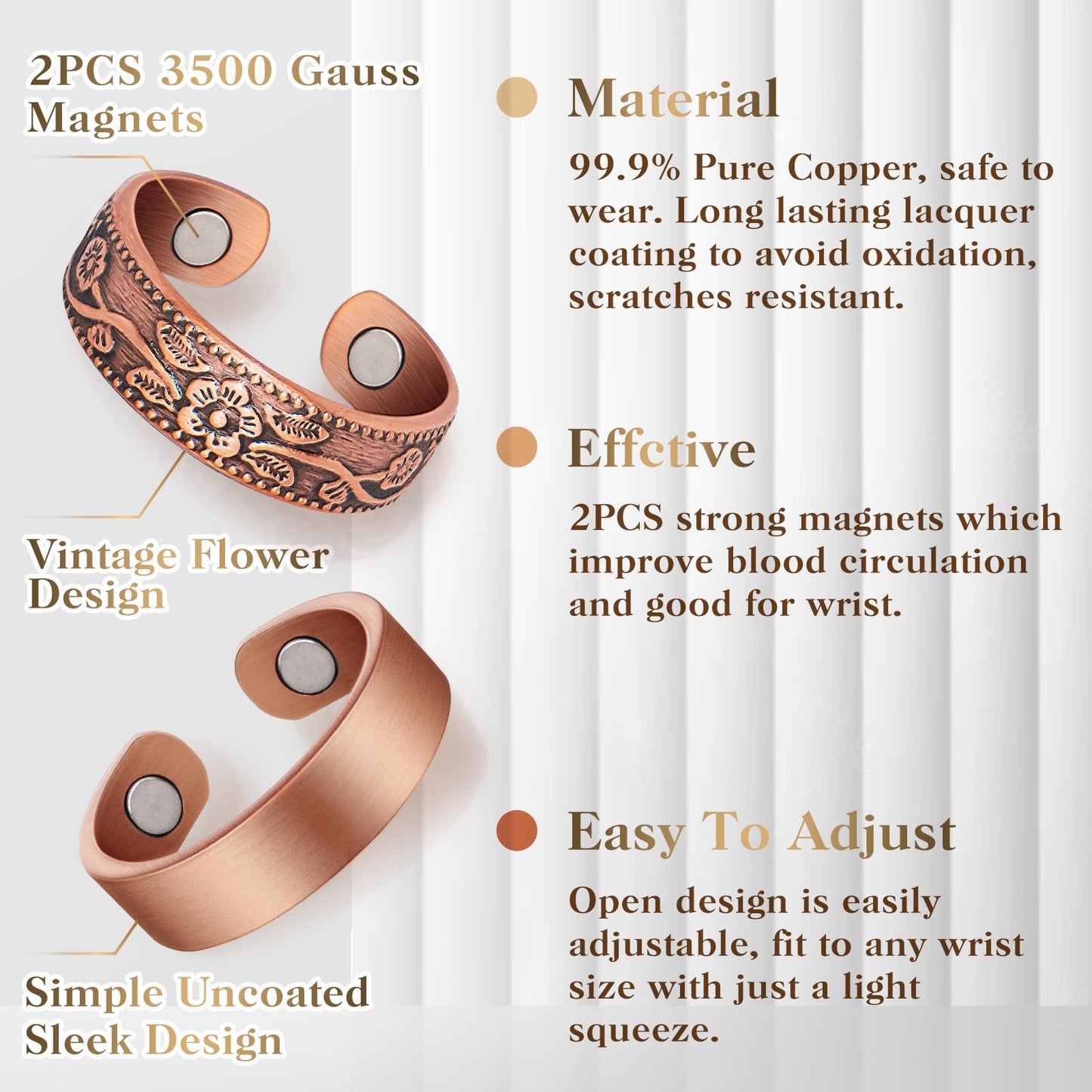 Mahnco Lymphatic Drainage Copper Rings for Women, Lymphatic Drainage Magnetic Ring, Magnetic Lymph Detox Ring 100% Pure Copper Jewelry Gift (Vintage Flower & Uncoated Smooth)