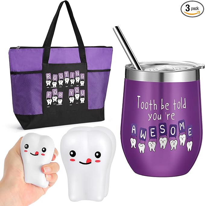 Sliner 3 Pcs Christmas Dental Assistant Gifts Positive Dentist Dental Hygienist Gifts Accessories Inspirational 12oz Tumbler Tote Bag Funny Teeth Stress Toy for Women Students Nurses Doctors(Purple)