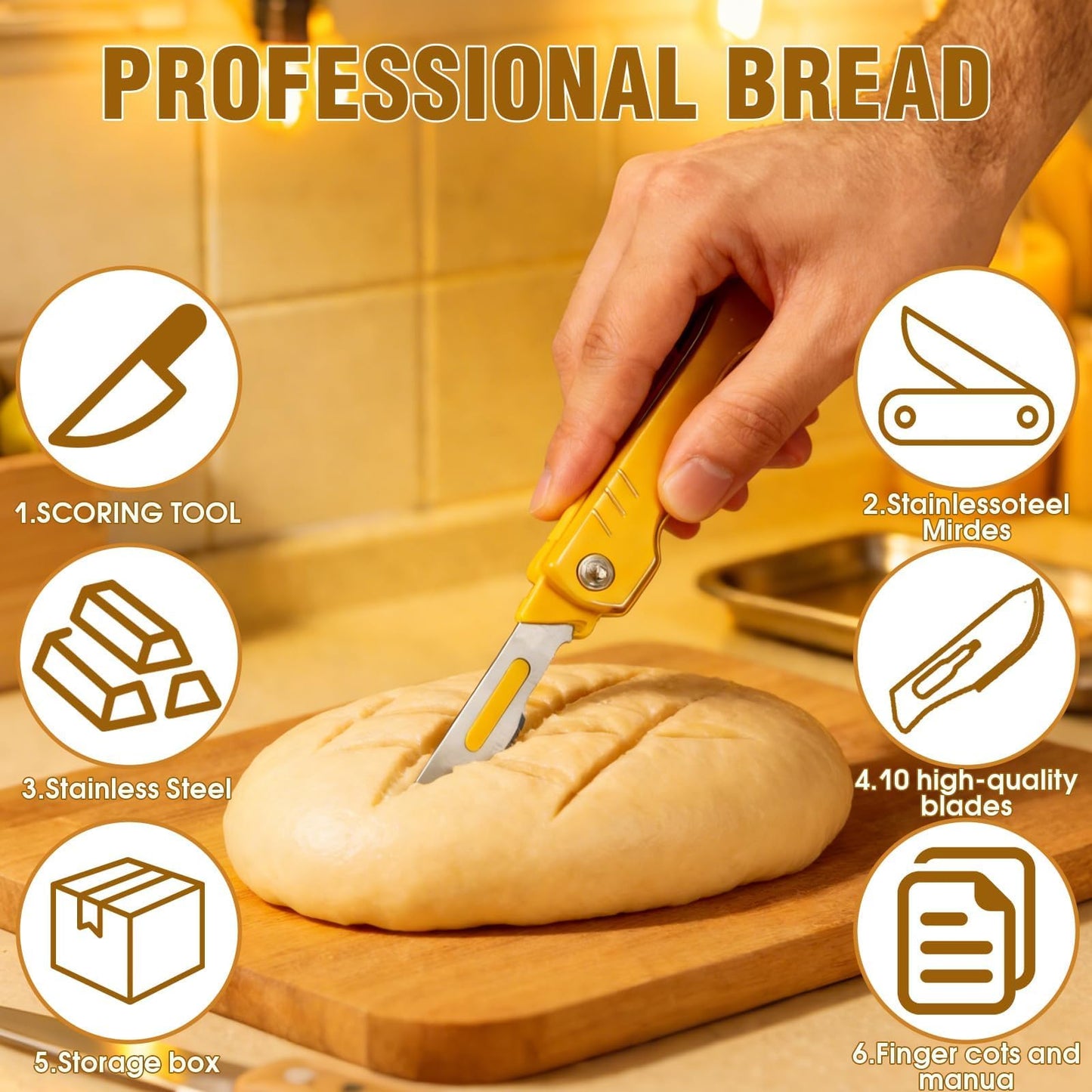 Muomdid 2-Piece Folding Bread Lame Set with 20 Sharp Carbon Steel Blades, Sturdy Box & Protective Accessories - Perfect for Sourdough Scoring & Artisan Bread Baking (Silver & Gold)