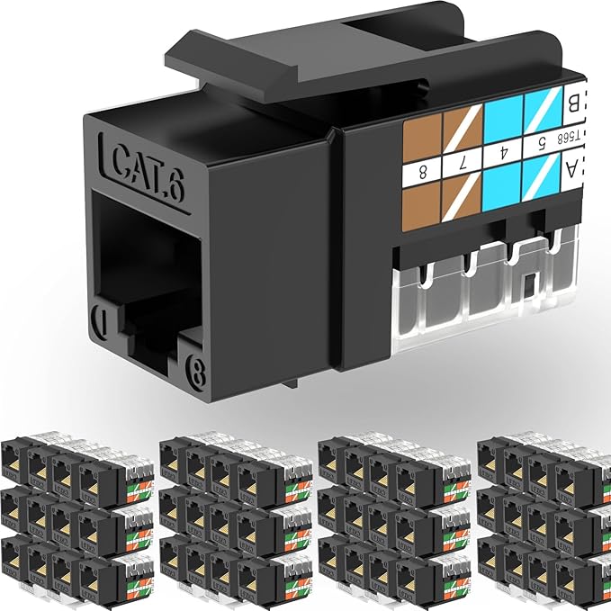 Rapink RJ45 Keystone Jack Cat6 10G Support, Cat6 Keystone Jacks UTP 50 Pack for Wall Plate and Patch Panel, Rj45 Keystone 90 Degree Black Color for Cat 6, Cat5e, Cat5 Cabling