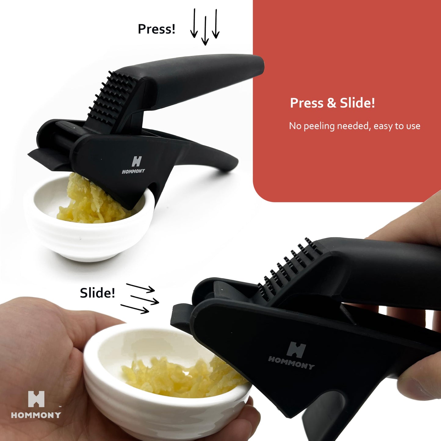 Hommony XPress | All-In-One Garlic Press Easy to Use & Clean, Effortlessly Squeeze Garlic Mincer, Durable Nylon Plastic Garlic Crusher, No Peel Needed & No Smelly Fingers