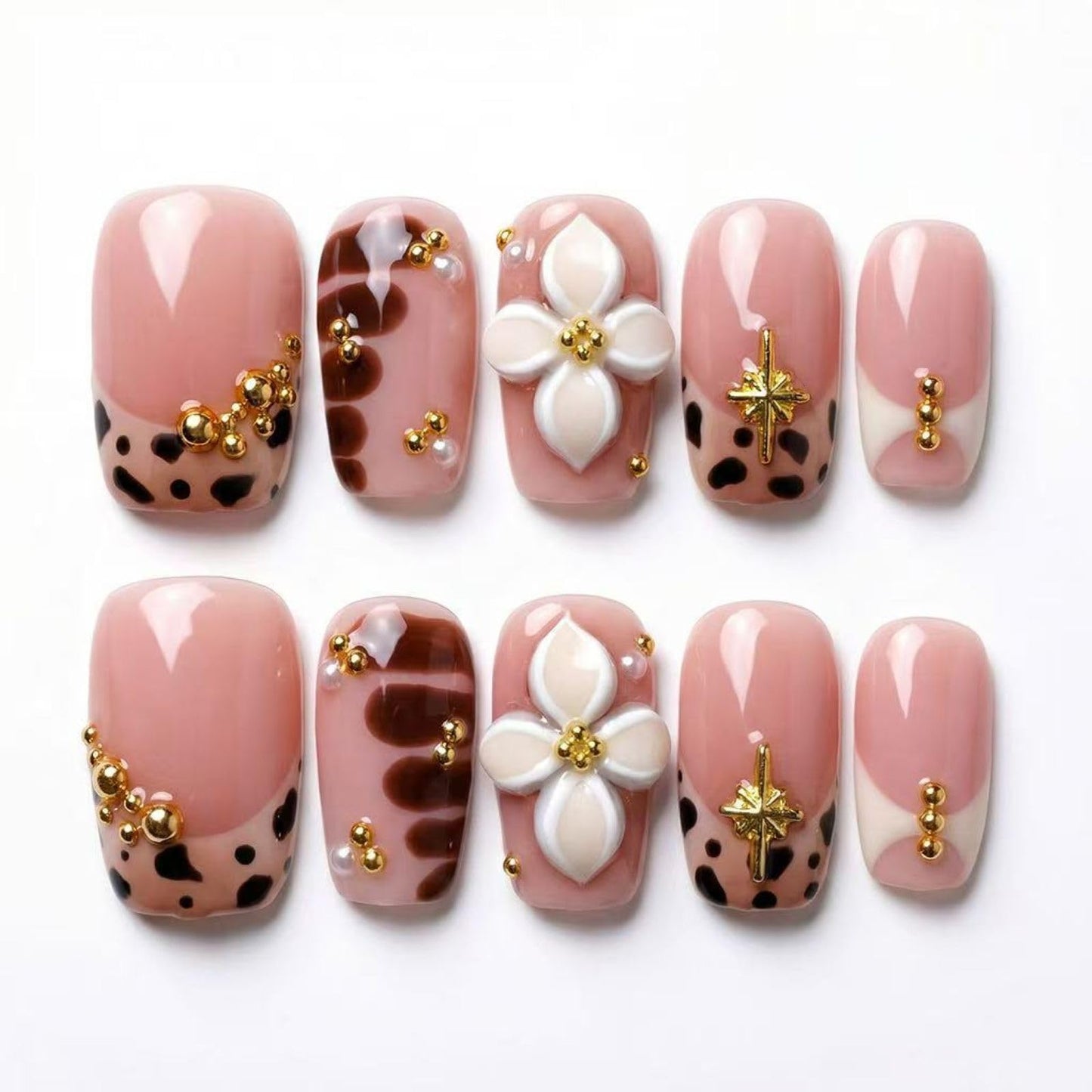 MikaJayboo Handmade Press n Nails Medium Square Nude Pink Leopard Print Fake Nails with 3D Flower Gold Bead for Women Glue on Nails for Daily Party 10Pcs(Size M)