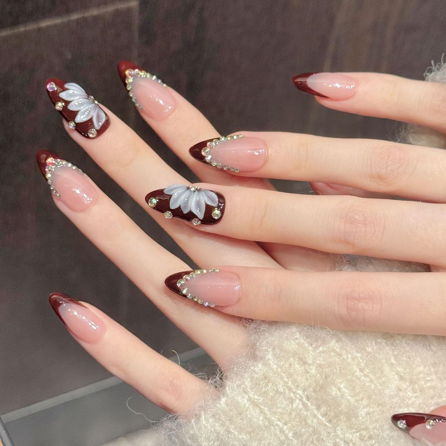 Handmade Press on Nails Medium Almond Fake Nails with 3D Flower Diamond Designs French Tip False Nail Spring Summer Acrylic Nails Dark Red Full Cover Glue on Nail for Women Nail Decor（Size S）