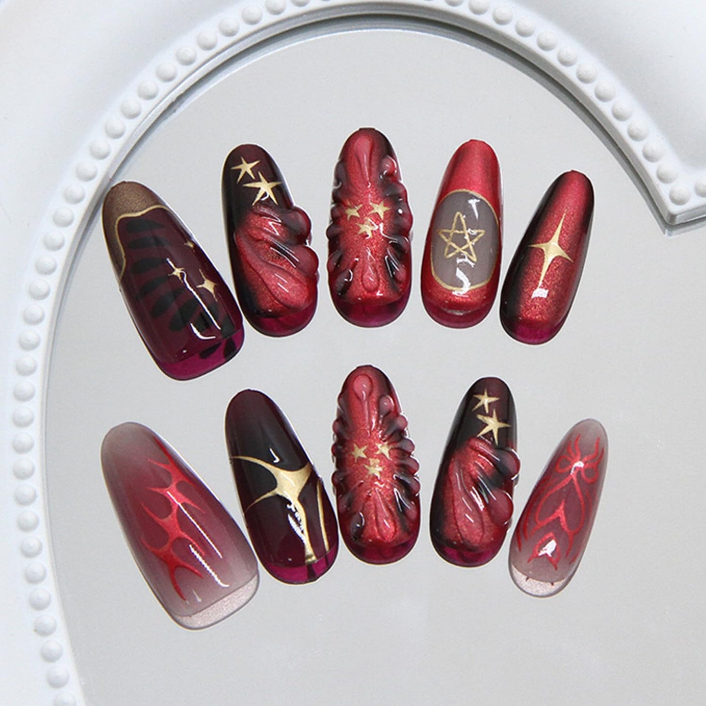 Dark Red Press on Nails Medium Almond Shaped Artificial Acrylic Nails Gradient 3D Gold Star Love Heart with Gold Edge Design Stick on Nails Full Cover Reusable Coffin Artificial Fingernails for Women