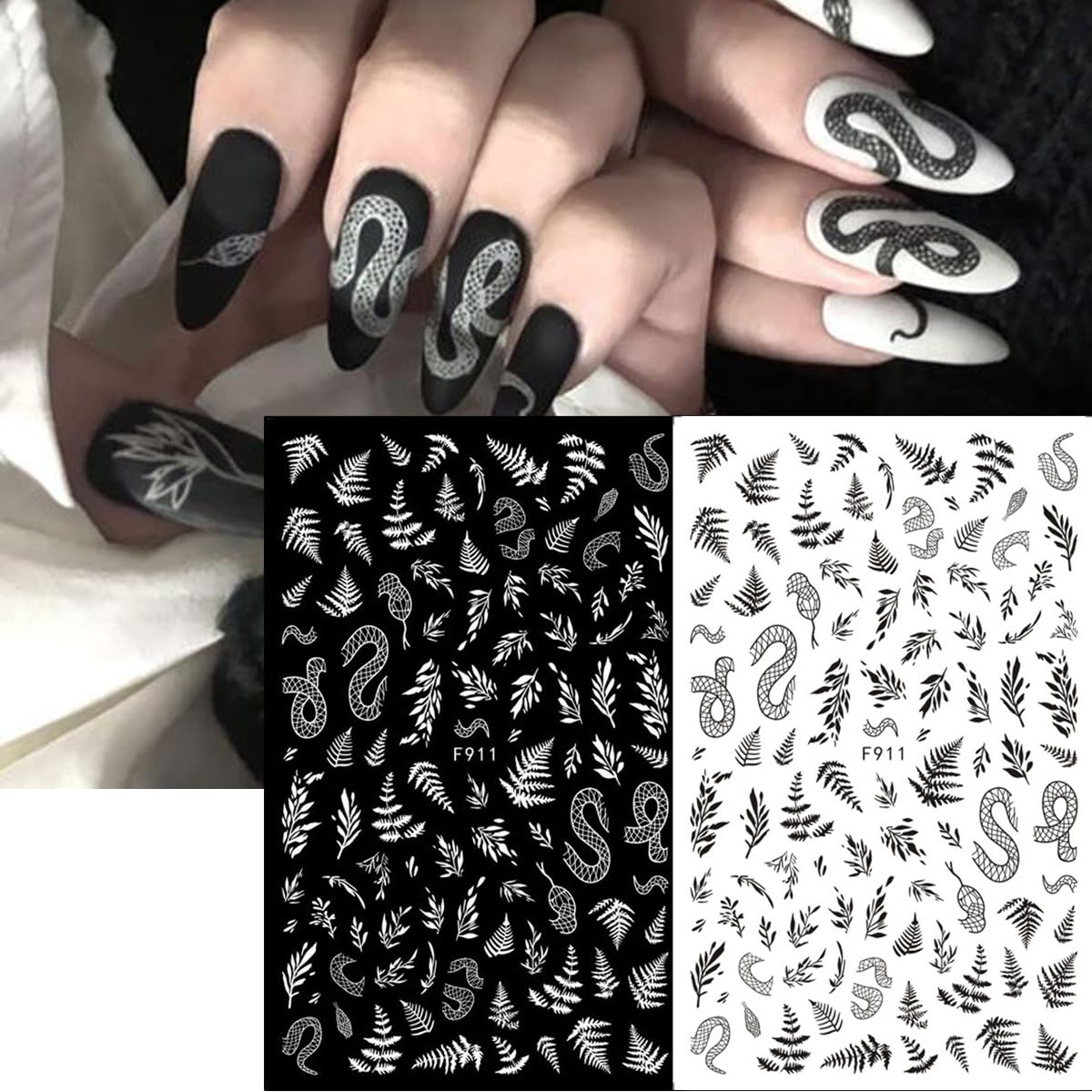 10Pcs Gothic Nail Stickers 3D Self-Adhesive Black White Nail Art Stickers Rose Leaf Snake Moon Star Design Nail Decoration Horror Eyes Nail Decals Flame Butterfly Nail Supplies for Acrylic Nail DIY