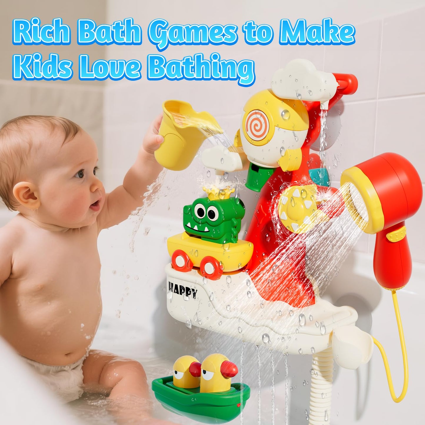 SOCBTNSO FlowFun Bath Toy Set: Electric Shower with 360° Rotate, Rocket Whistle, Cute Car Toy & Little Yacht | Interactive Water Play Kit for Toddlers 18 Months +
