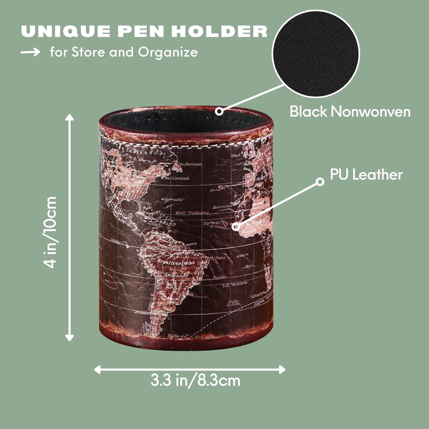LINKWELL Black World Map Pencil Holder for Desk, PU leather Pencil Cup, Globe Pen Holder for Desk Office Supply Organizer PH46