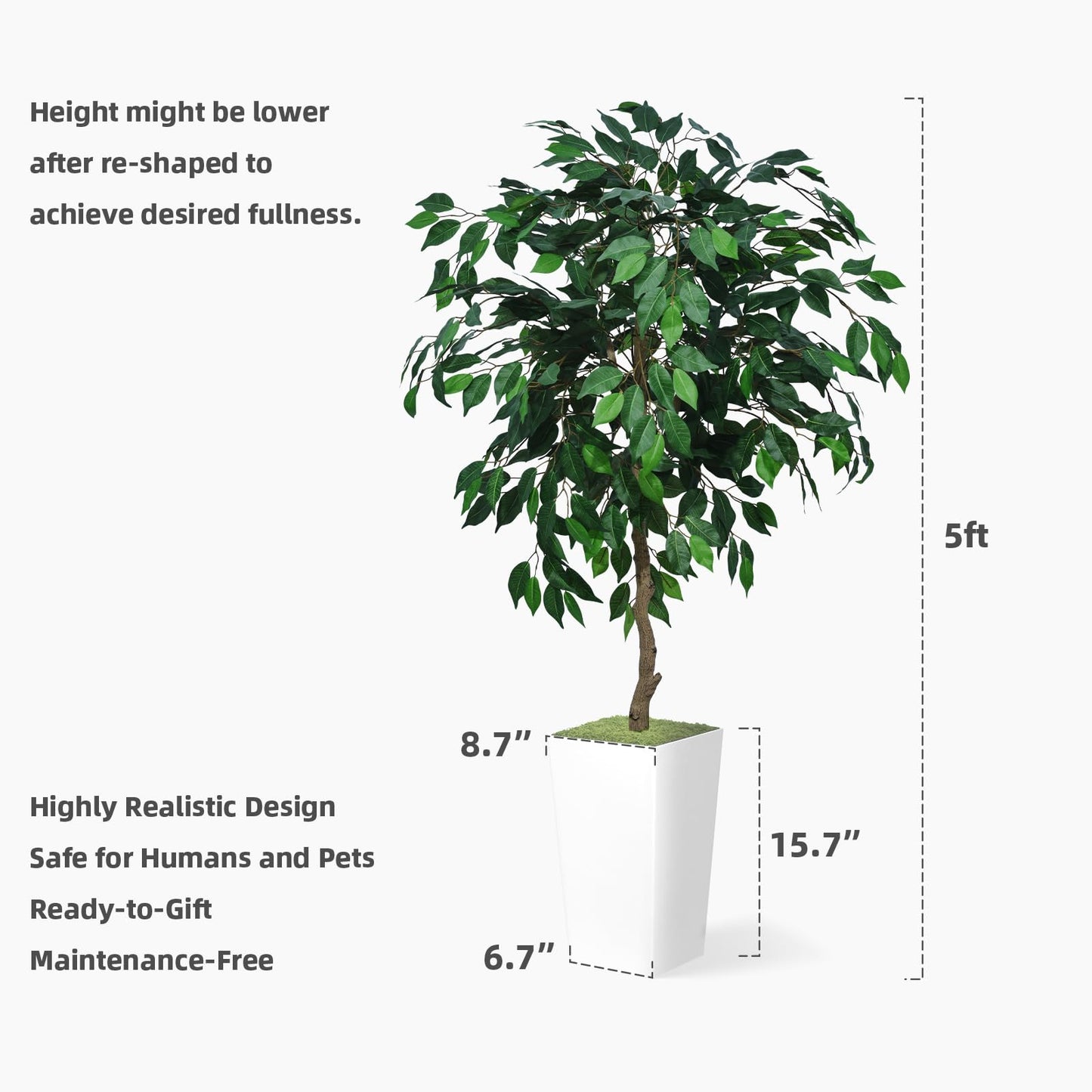ASTIDY Artificial Ficus Tree 5FT - Faux Indoor Tree with White Tall Planter - Fake Ficus Floor Plant Potted - Artificial Silk Tree for Home Office Living Room Decor Indoor