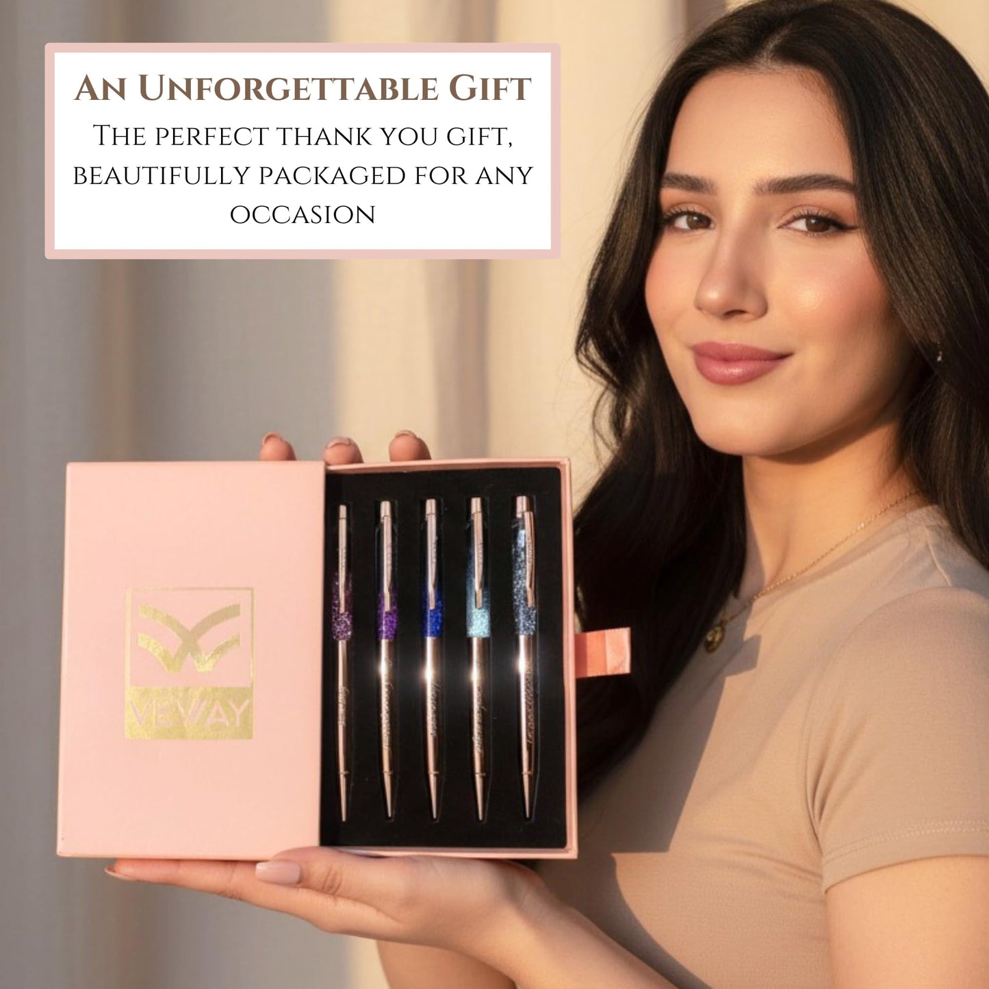 Veway - Luxury Pens for Women, 5 Glitter Rose Gold Writing Pens, Exclusive Pen Sets for Women Gift, Refillable Ballpoint Gift Set for Teachers, Executives & Special Occasions