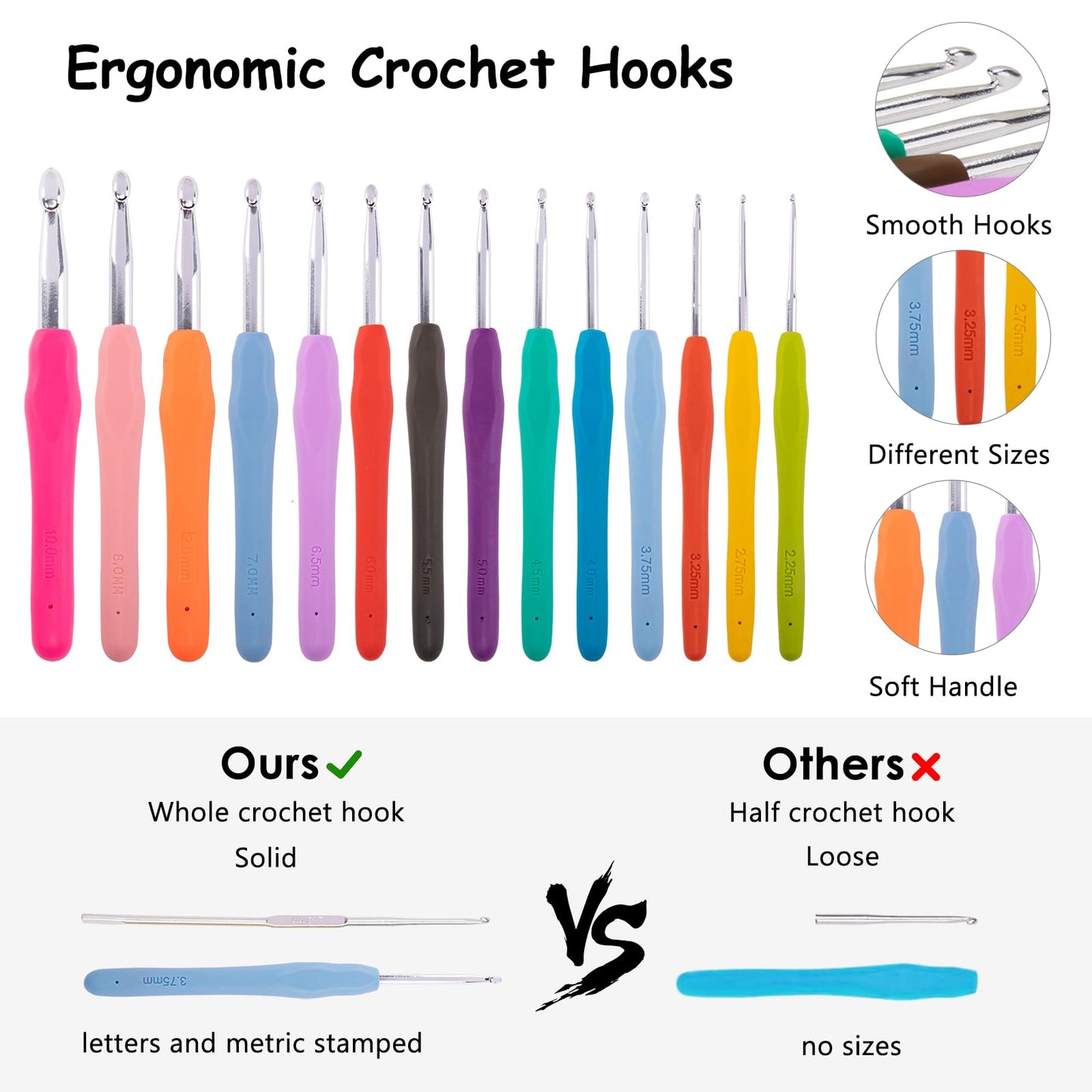 MYBAGZING Crochet Hook Set with Storage Case – 14 Ergonomic Crochet Hooks(2mm(B)-10mm(N), 10 Stitch Markers, Crochet Organizer for Crochet Needles, Accessories, and Supplies