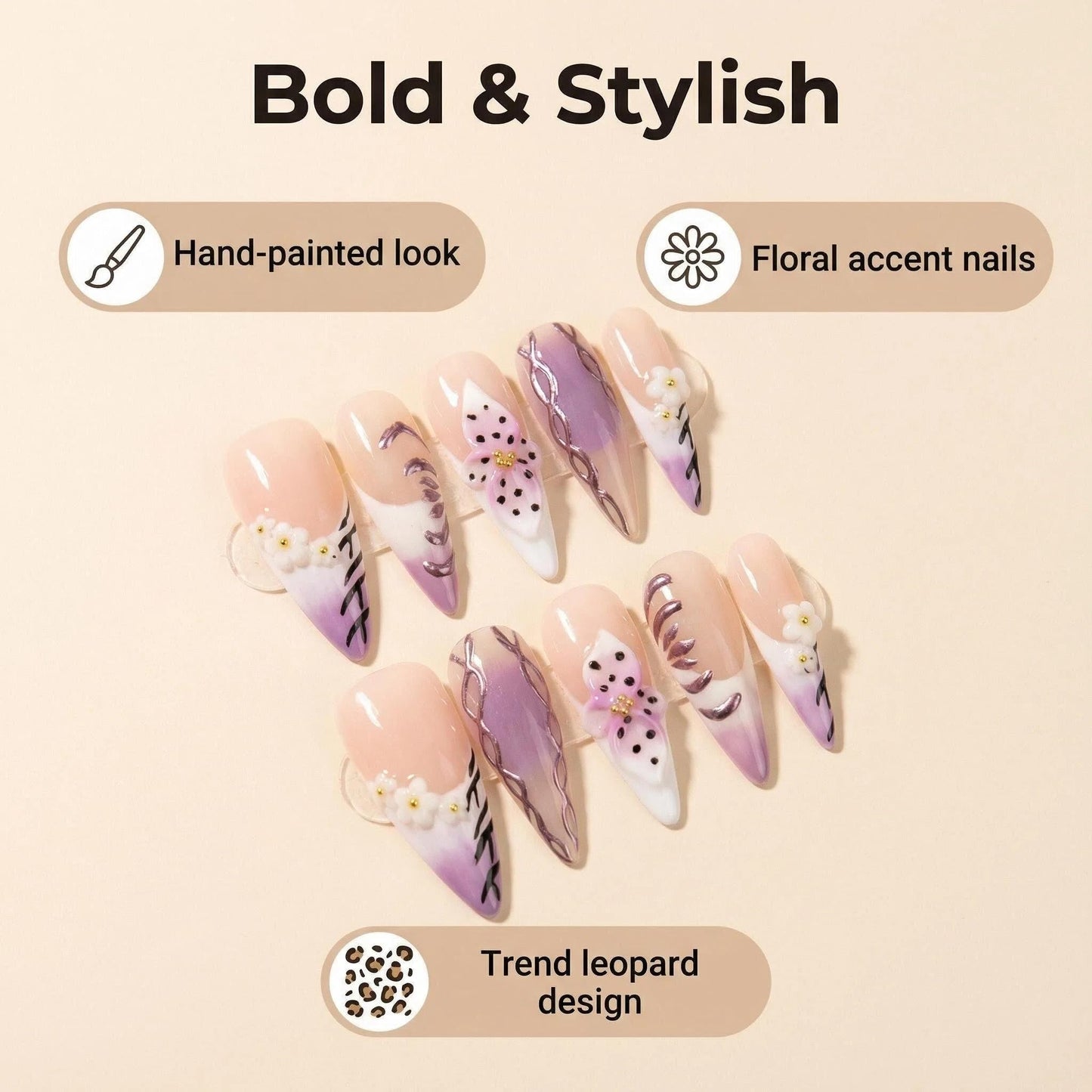10pcs Handmade Press on Nails Long Stiletto False Nails Purple French Tip Fake Nails with 3D Flower Designs Sparkly Charm luxury Artificial Nails for Women (Size M）