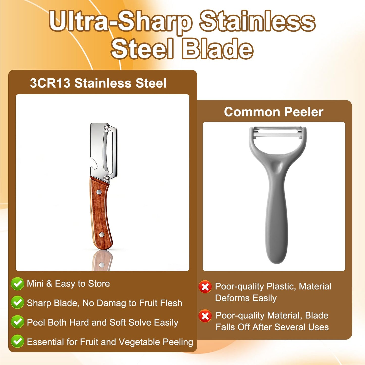 2pcs 2026 Upgrade Premium Vegetable Peeler with Wooden Handle and Bottle Opener, Multifunctional 3-in-1 Stainless Steel Kitchen Tool for Fruit Apple Potato Pumpkin Papaya