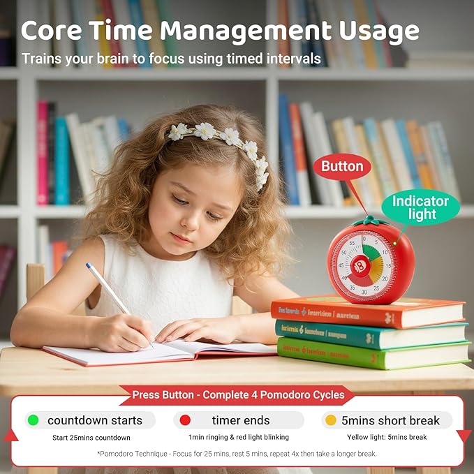 Visual Timer for Kids, 60-Minute Countdown Timers for Classroom Office Kitchen with Silent Operation, Kids Timer for Teaching with Cute Design, 4-Color Zone Pattern Pomodoro Timers