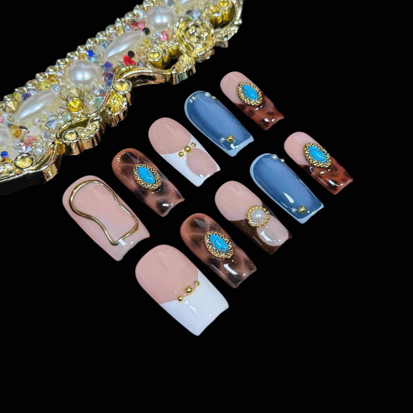 Handmade Press on Nails - Turquoise & White French Tip Short/Medium Square Shape, Amber Print Acrylic Reusable False Nails with Pearl Accents (Turquoise, S)