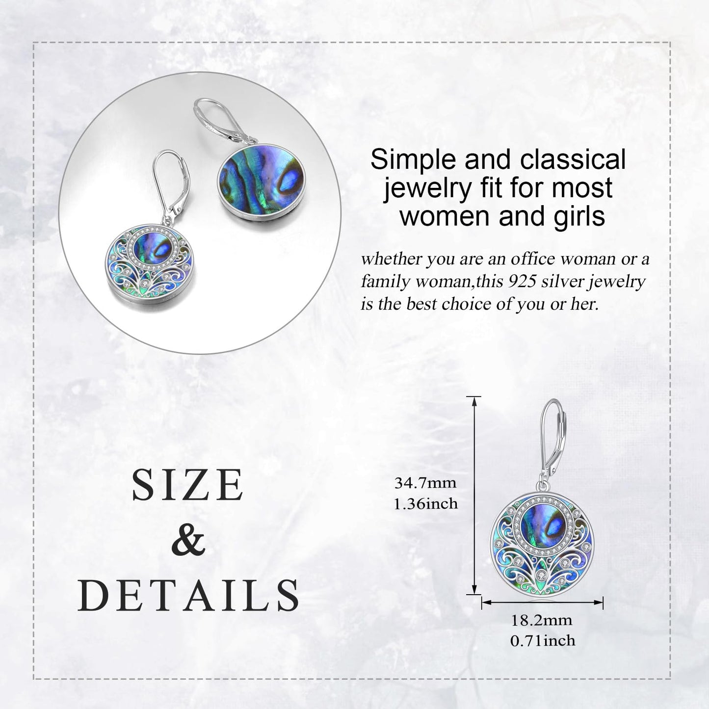 Abalone Drop Earrings Sterling Silver Filigree Leverback Earrings Circle Dangle Earrings Jewelry Gifts For Women
