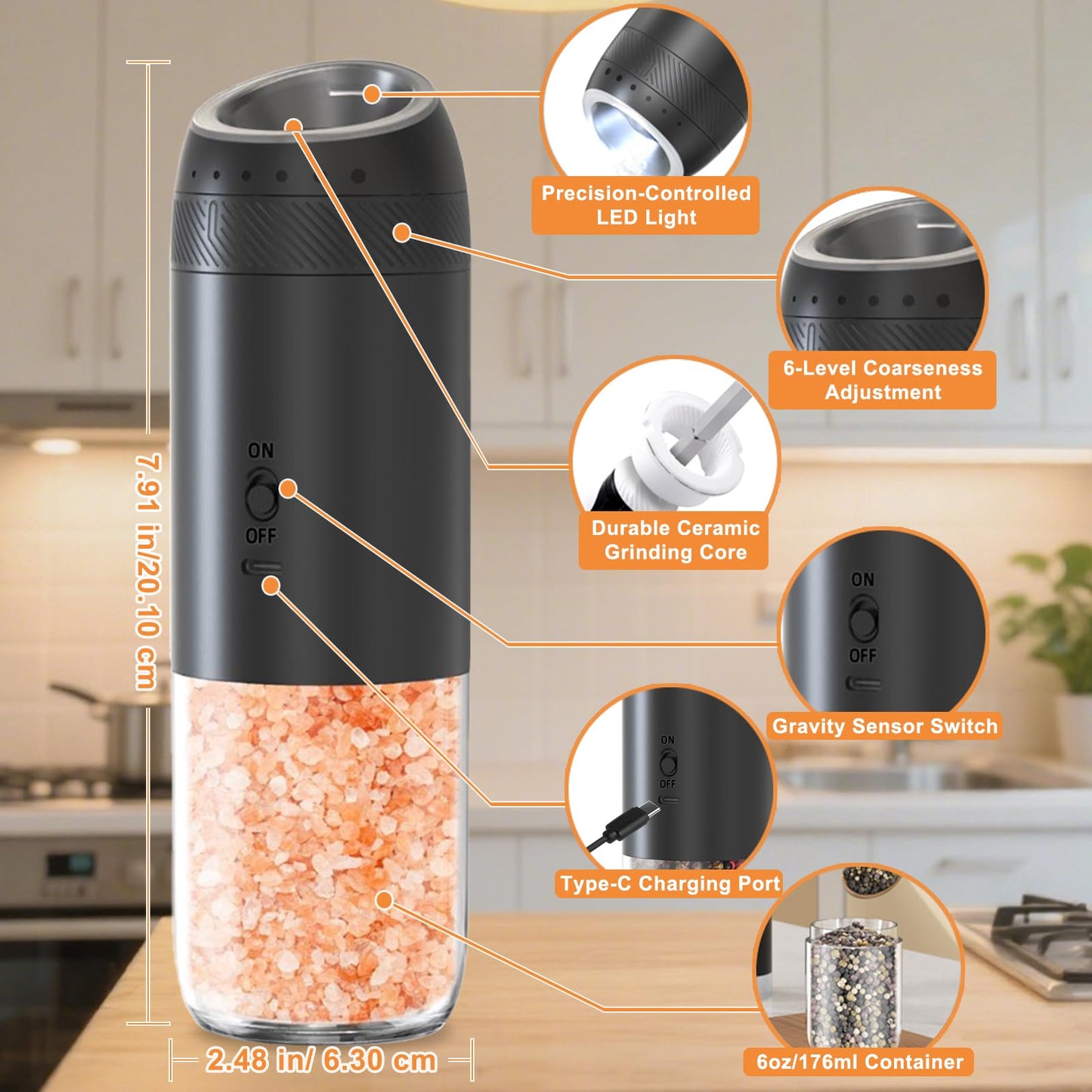 Gravity Electric Salt and Pepper Grinder Set Rechargeable, External Adjustable Coarseness, Automatic Salt and Pepper Shakers Mill with LED Light, 6oz/176ml Large Capacity, House Warming Gifts (2 Pack)