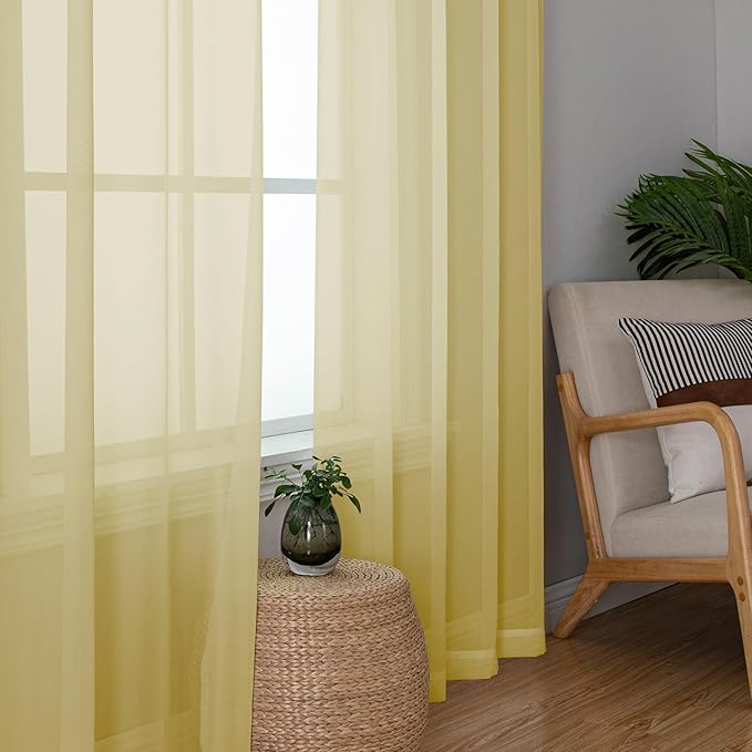 Simplebrand Yellow Sheer Curtains 96 Inches Long, Light Filtering Rod Pocket Solid Color Window Sheer Curtain Panels, Elegant Curtains & Drapes for Living Room, Bedroom 2 Panels, 42" W x 96" L