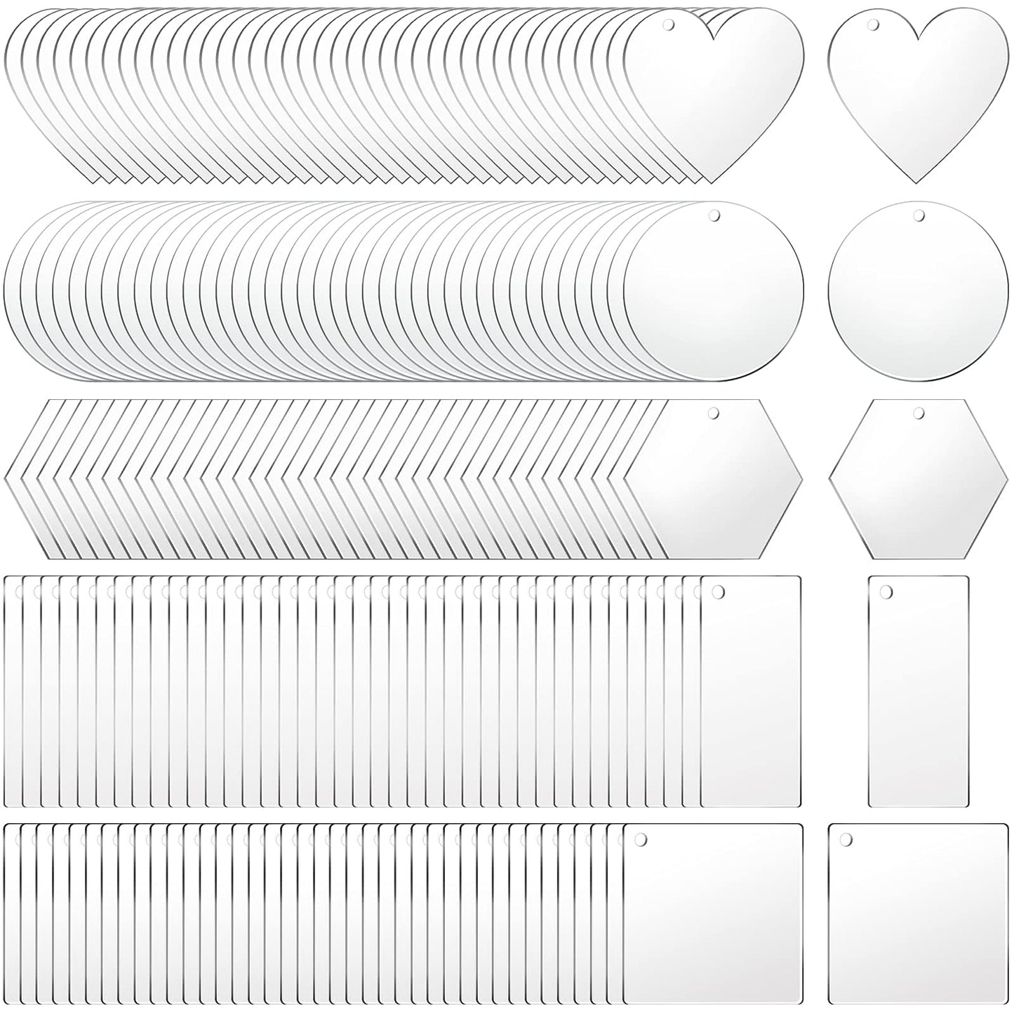 PINKXHY 200 Pieces Acrylic Keychain Blanks Transparent Pendants in Circle Heart Square Rectangle Hexagon Shapes for DIY Crafts Projects