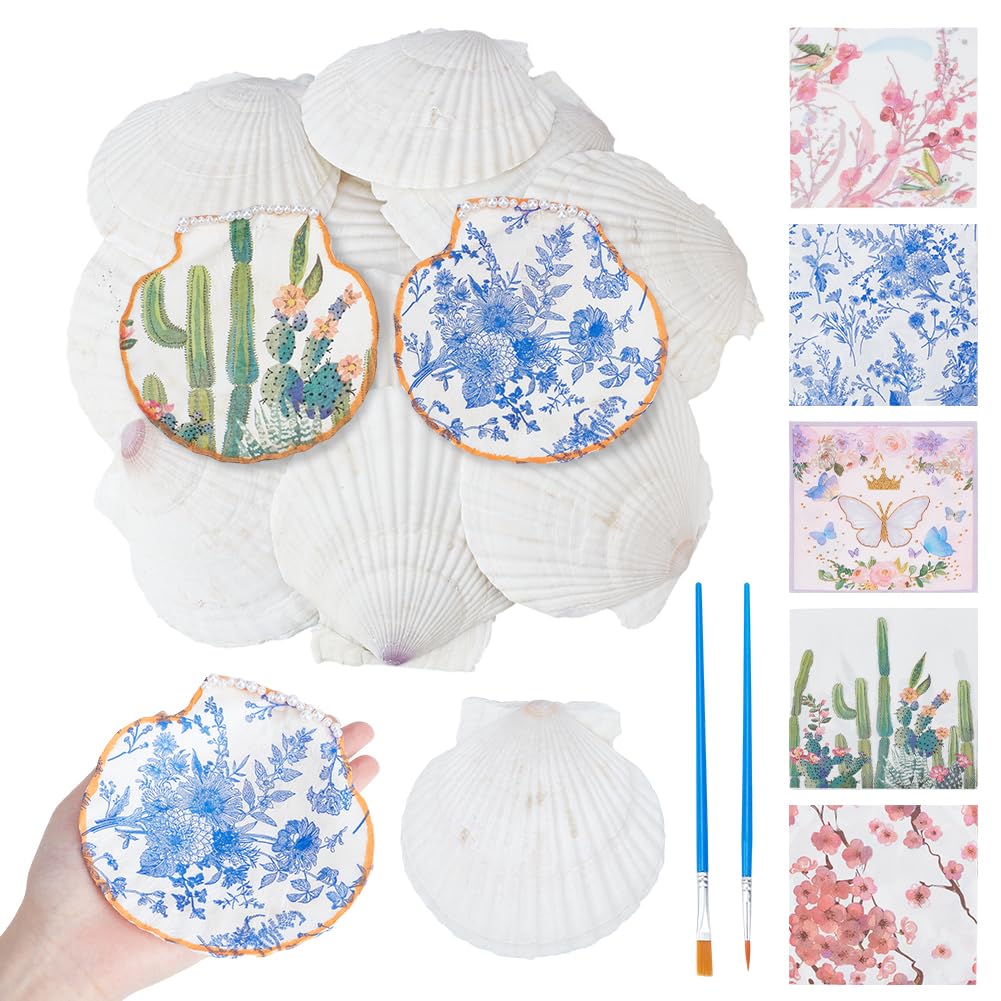 NBEADS Scallop Shells for Crafts, 15 Pcs Natural Shells 40 Pcs 8 Styles Decoupage Paper Napkins 4 Pcs Plastic Paint Strips and Brushes Decorative Paper for DIY Crafting Birthday Party