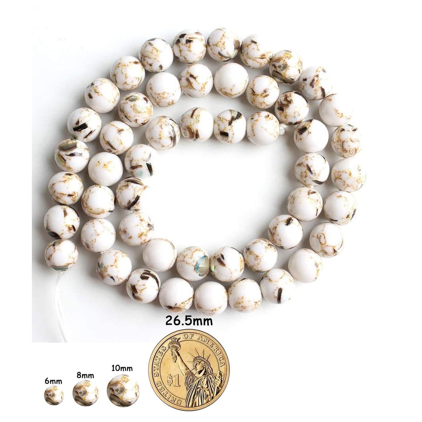 Yochus 60pcs White Shell Turquoise Beads，6mm Natural Stone Round Loose Beads for Jewelry Making Earring Necklace DIY Crafts