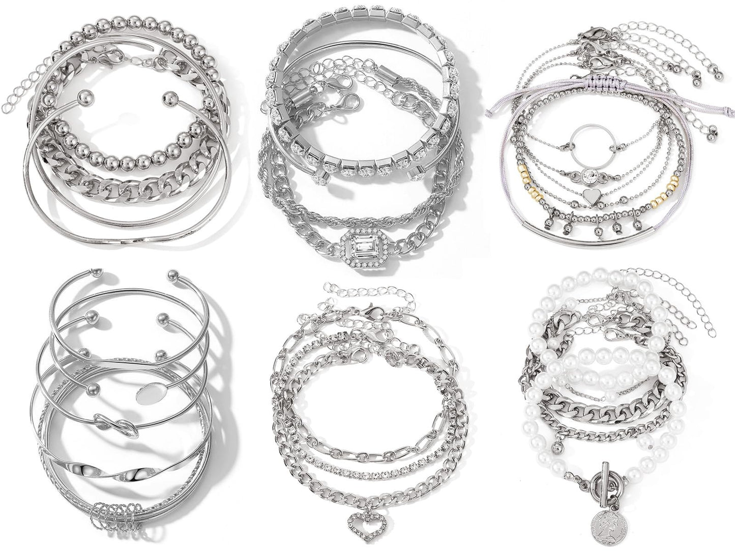 IFKM 6 PACK (27 PCS) Silver Chain Bracelets Set for Women, Silver Plated Multiple Layered Stackable Open Cuff Bangle Bracelet Anklet Adjustable Link Tennis Beads Italian Cuban Jewelry