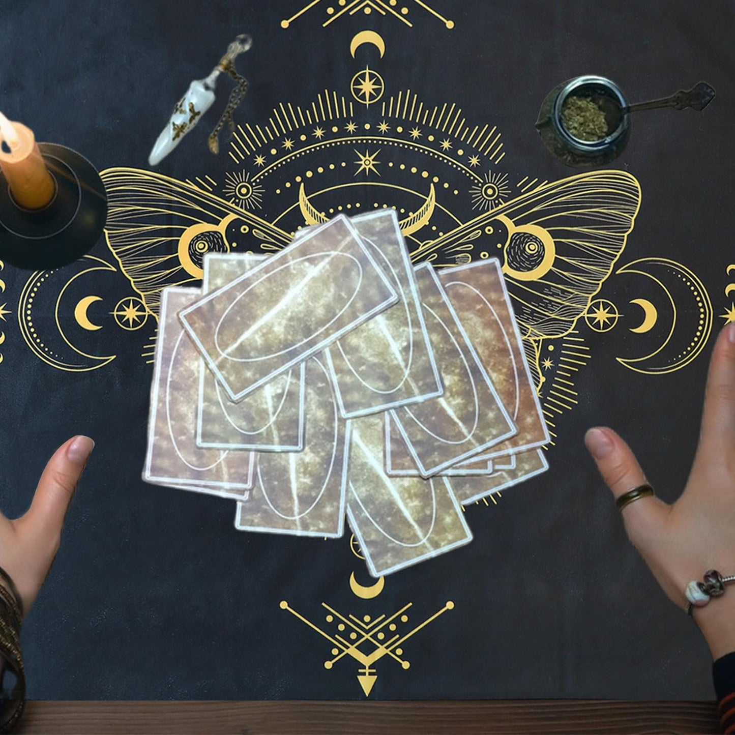 GLOBLELAND 30" Golden Moth Divination Tarot Cloth and Cards Bag Insect Moons Thick Velvet Fabric Tablecloth Mat with Classic Tarot Card Storage Pouch for Wiccan Room Beginner