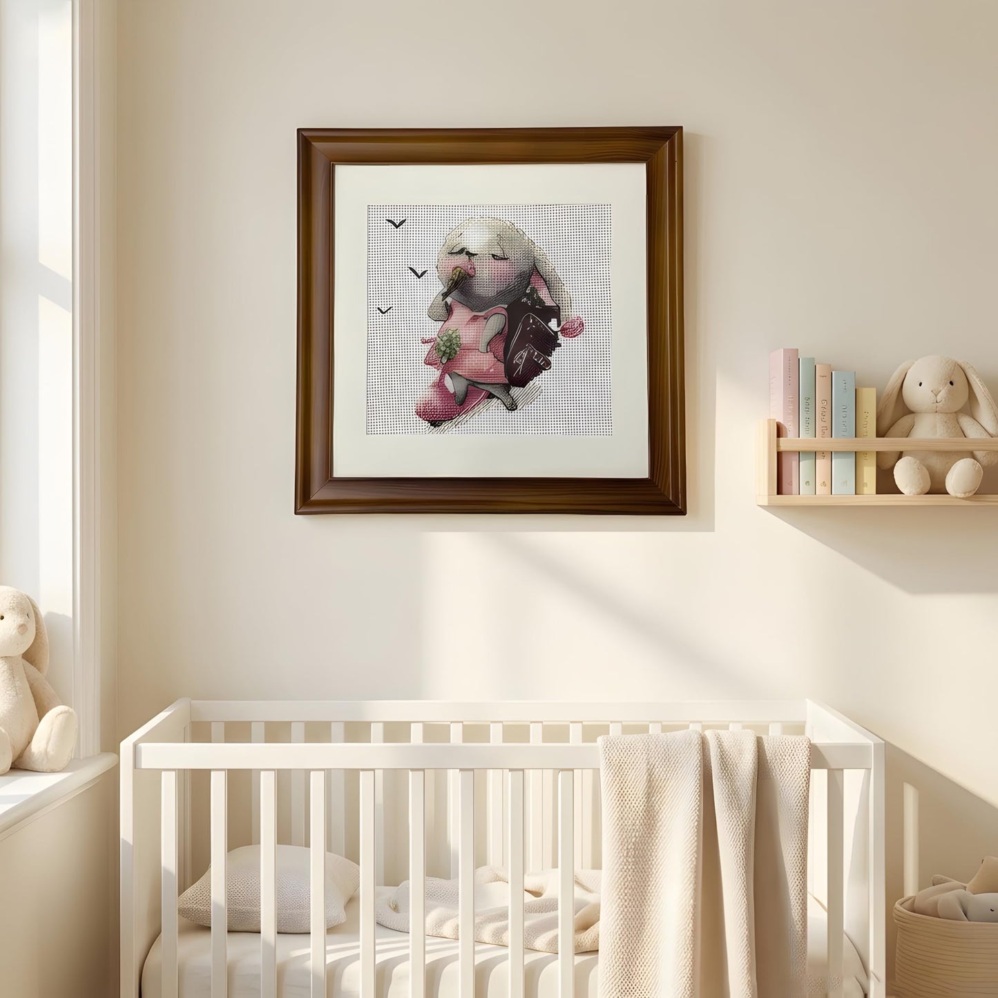 Handmade Cross Stitch Skateboarding Rabbit Wall Art with Solid Wood Frame with Envelope, Greeting Card, 10x10in Framed Pink Bunny Embroidered Nursery Decor, Funny Birthday Gifts for Children