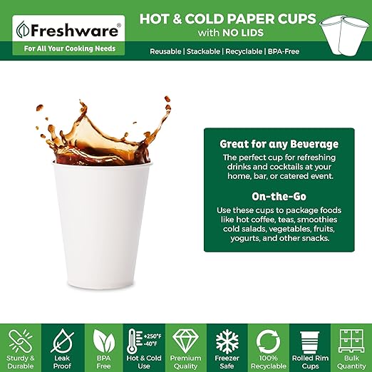 Freshware Coffee Cups 12 oz [300 Pack] Disposable Paper Cups for Hot or Iced Coffee Cup, Slushie Cup, Milkshakes, Smoothies, and Tea